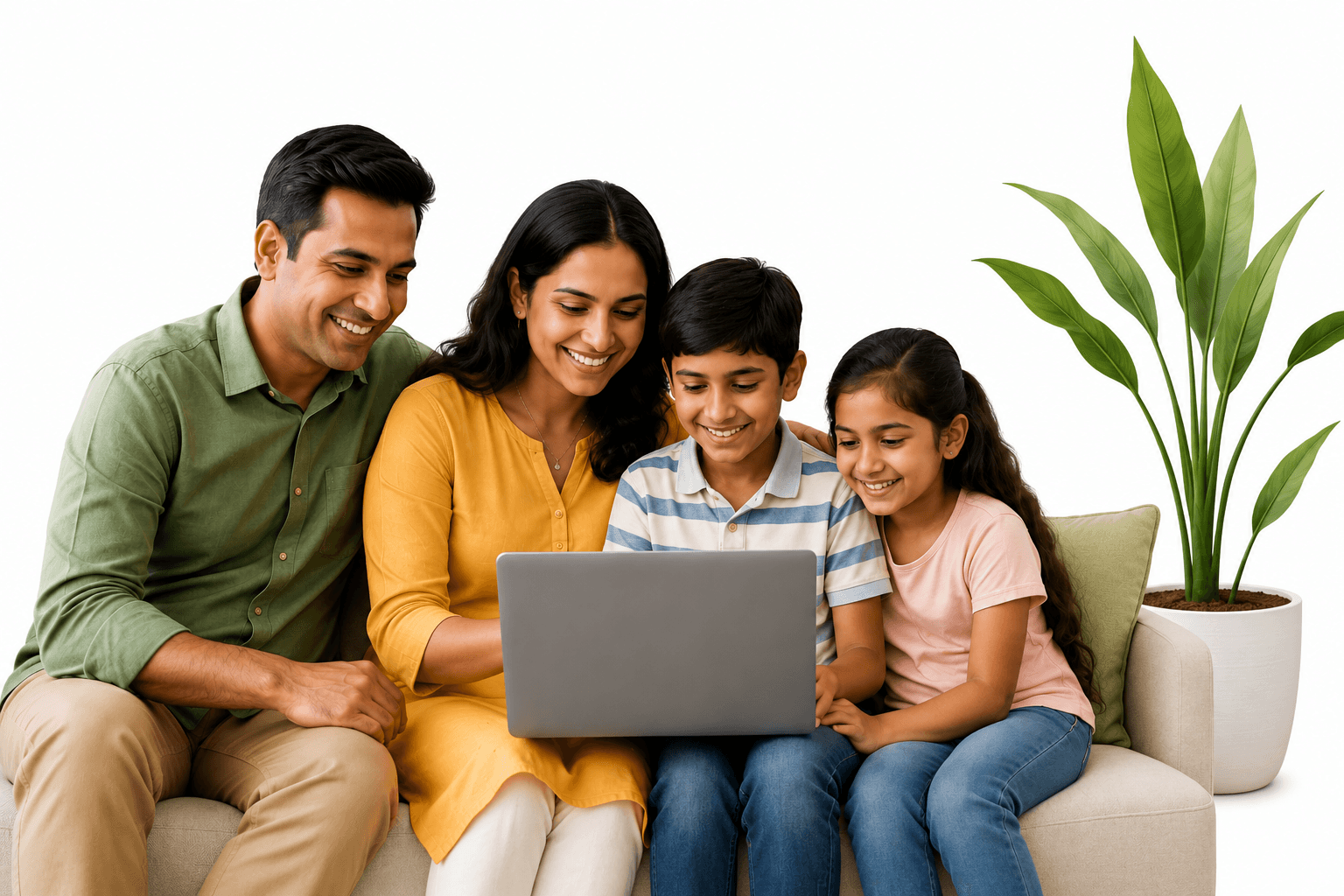 A family smiling together while looking at a laptop