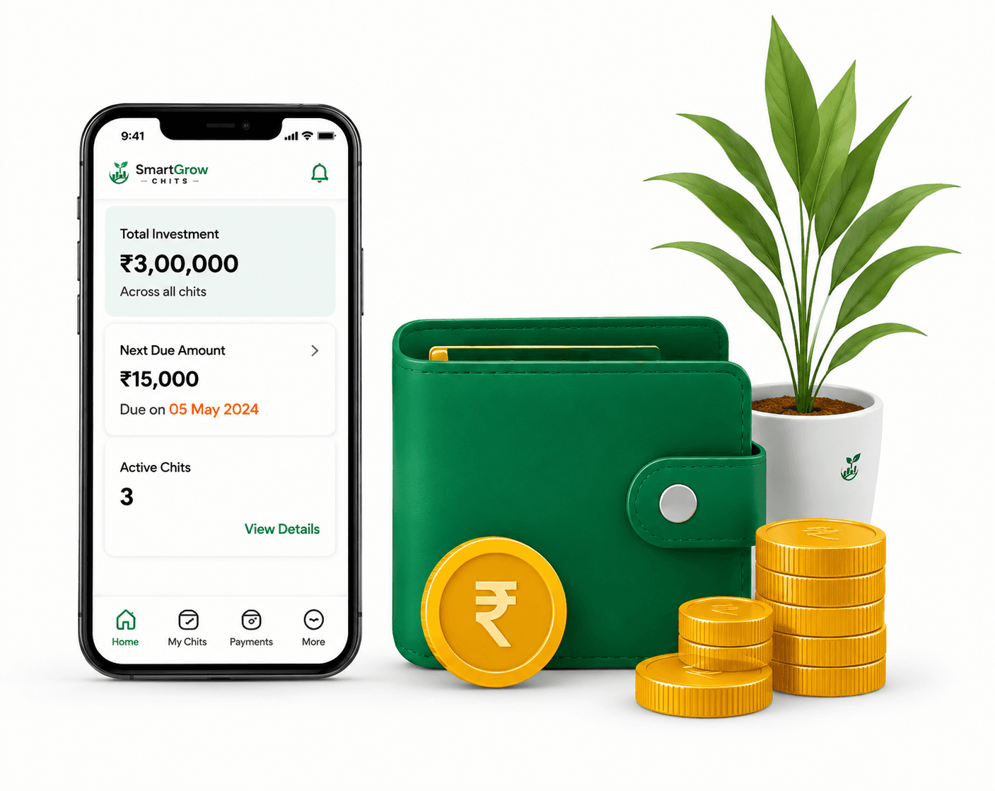 SmartGrow Chits app showing total investment, with a wallet, coins and a plant